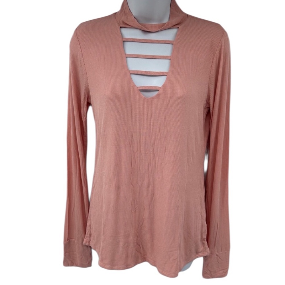 Michael Lauren Peach Long Sleeve Ribbed Mock Neck Top with Cutouts Size Medium